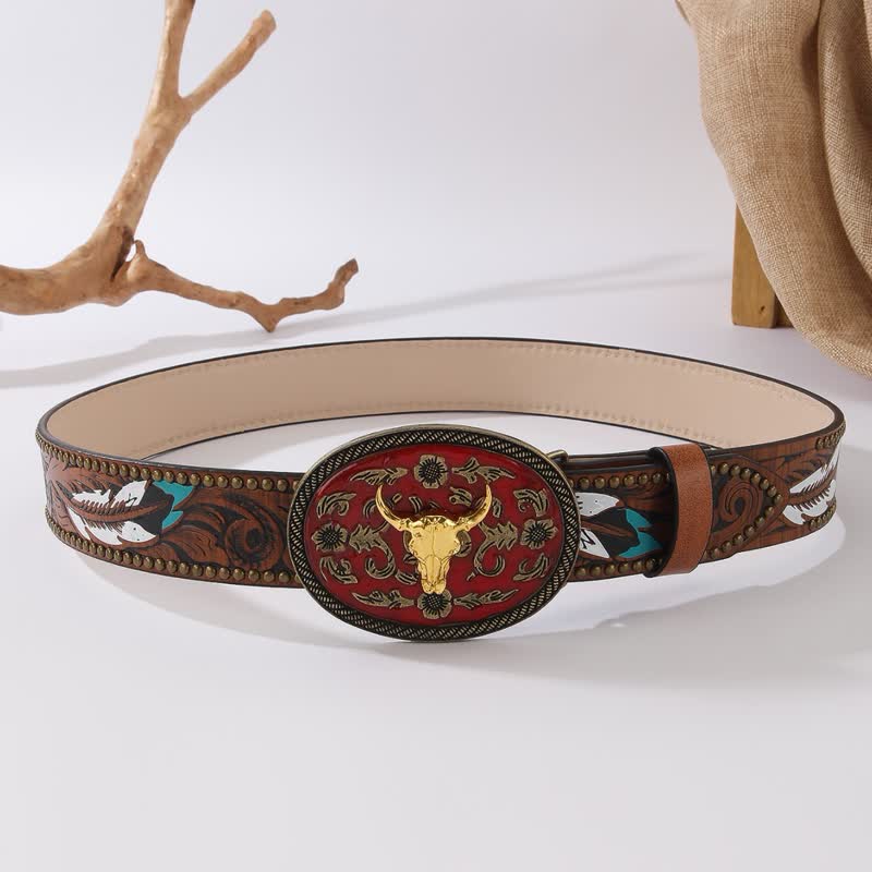 Cintura in pelle con fibbia rosso scuro e rivetti a forma di piuma Longhorn Bull - image 3