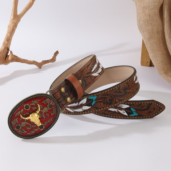 Cintura in pelle con fibbia rosso scuro e rivetti a forma di piuma Longhorn Bull - image 2