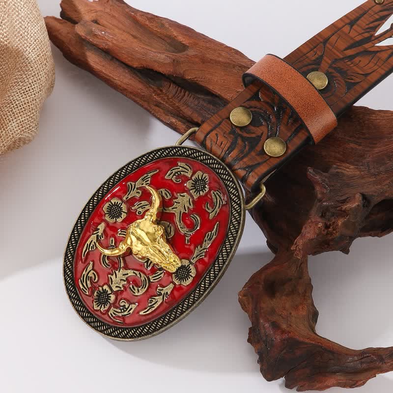 Cintura in pelle con fibbia rosso scuro e rivetti a forma di piuma Longhorn Bull - image 1