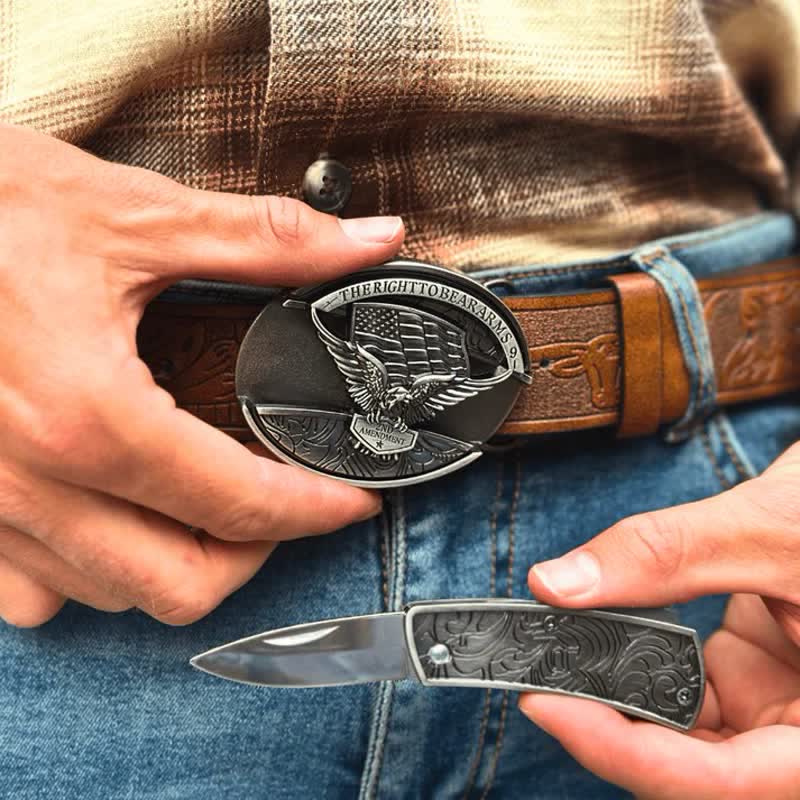 Cintura in pelle con coltello pieghevole nascosto con bandiera USA e aquila fai da te da uomo - image 3