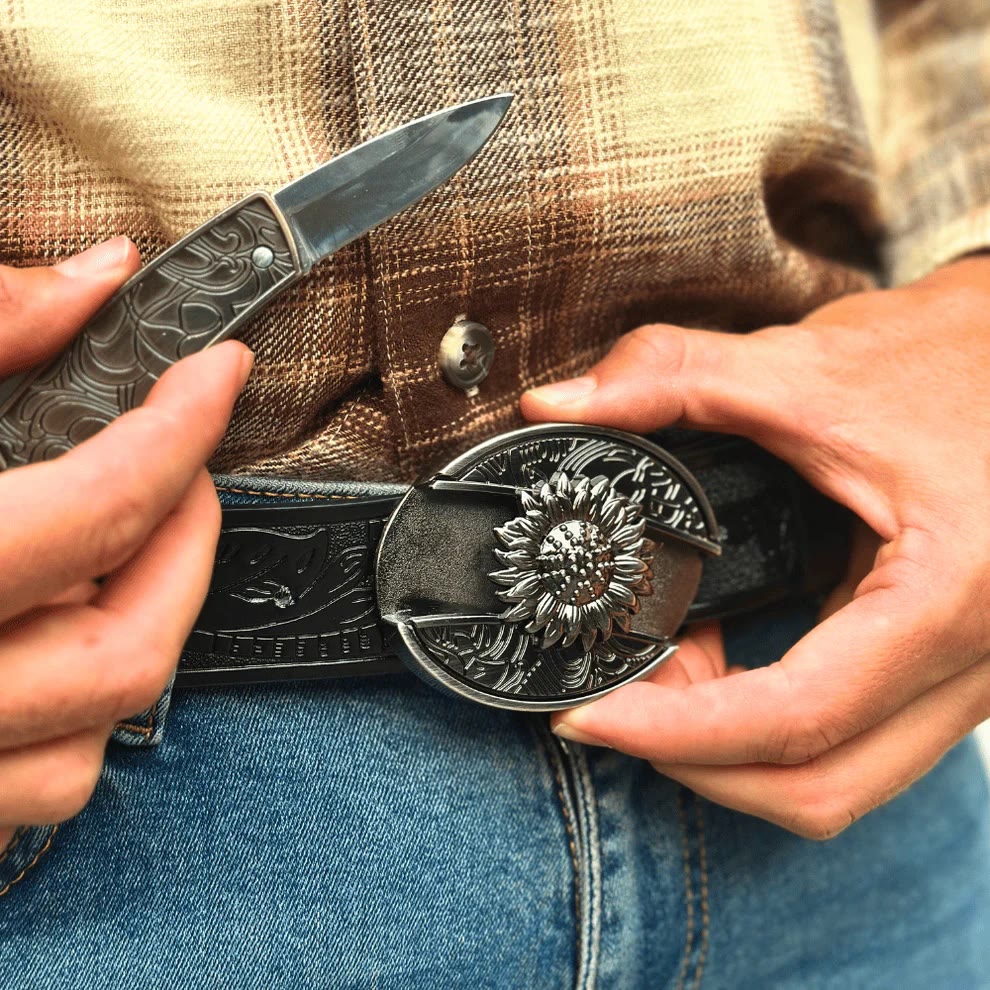 Cintura in pelle con coltello pieghevole nascosto a forma di girasole fai da te da uomo - image 5