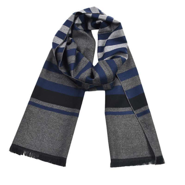 Elegante sciarpa calda con motivo a righe bifacciali - Grigio e blu navy - image 7