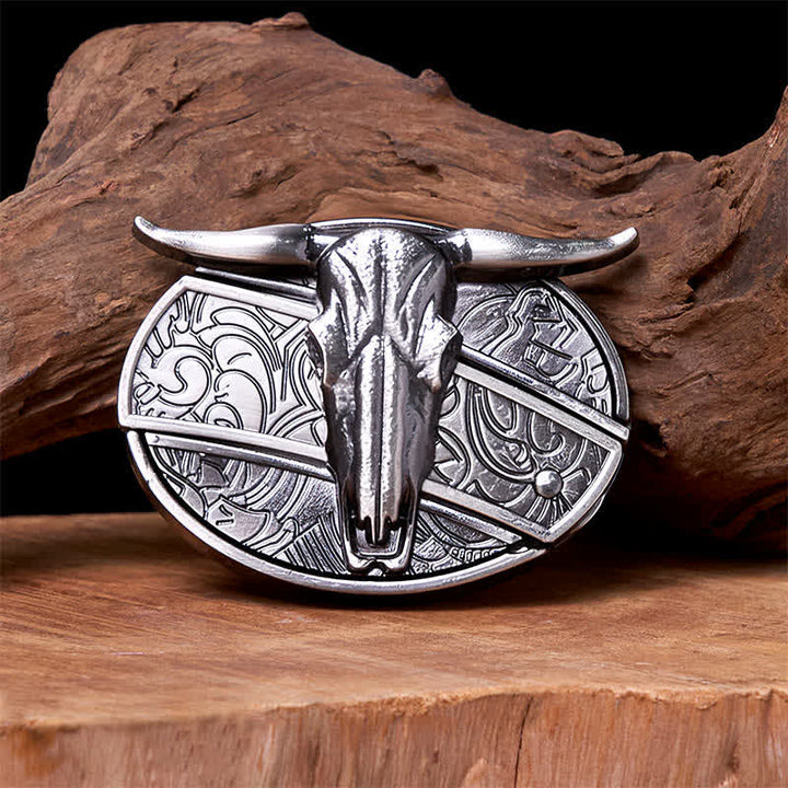 Cintura in pelle con fibbia vintage western in argento con coltello nascosto fai da te a forma di testa di toro - Senza cintura - Cintura non inclusa - image 0