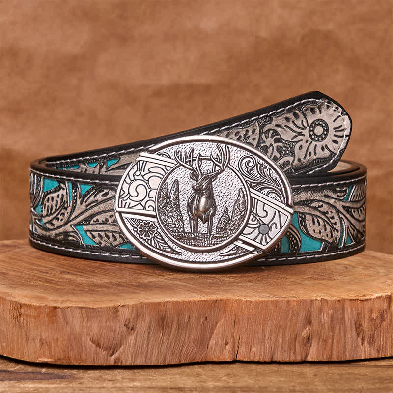 Cintura in pelle con coltello pieghevole nascosto da uomo, stile cervo nella foresta fai da te - Cervo - Cintura floreale grigia - 42 - image 12