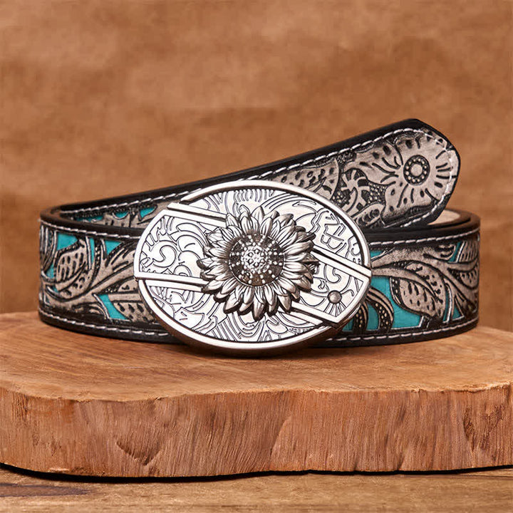 Cintura in pelle con coltello pieghevole nascosto a forma di girasole fai da te da uomo - Girasole - Cintura floreale grigia - 42 - image 12