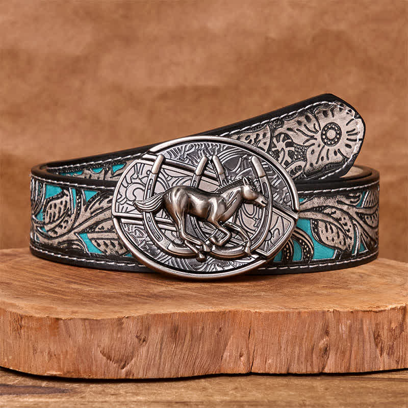 Cintura in pelle con coltello pieghevole nascosto fai da te da uomo a forma di cavallo al galoppo - Cavallo al galoppo - Cintura floreale grigia - 42 - image 13