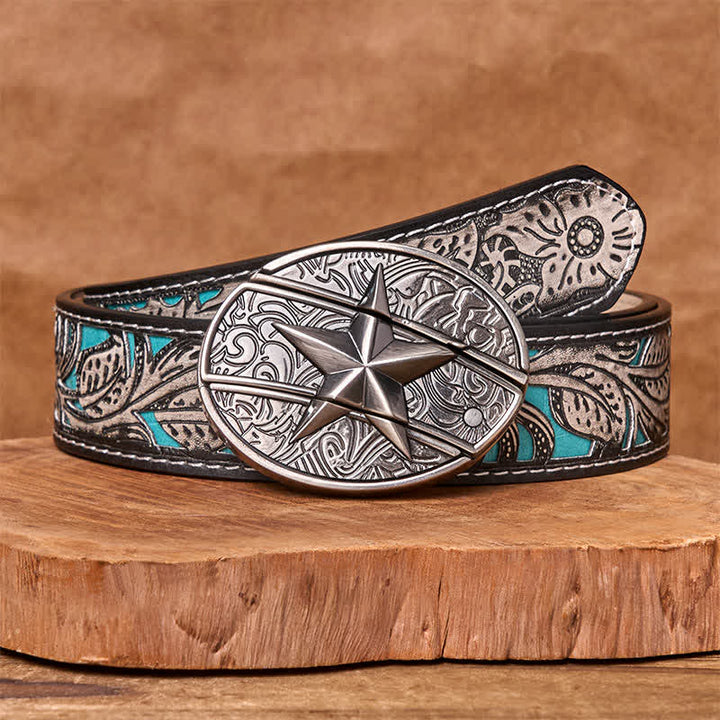 Cintura in pelle con coltello pieghevole nascosto a forma di pentagramma fai da te da uomo - Pentagramma - Cintura floreale grigia - 42 - image 10