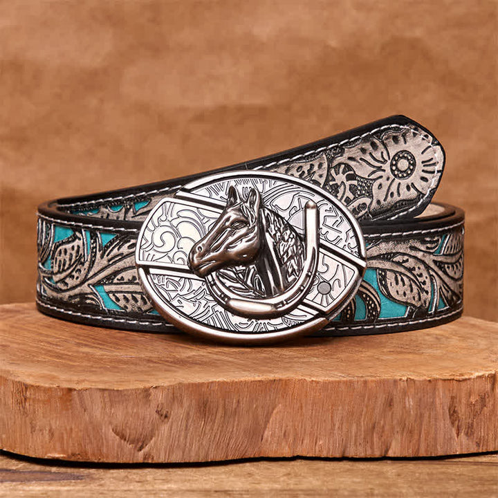 Cintura in pelle con coltello pieghevole nascosto a forma di testa di cavallo fai da te da uomo - Testa di cavallo - Cintura floreale grigia - 42 - image 12