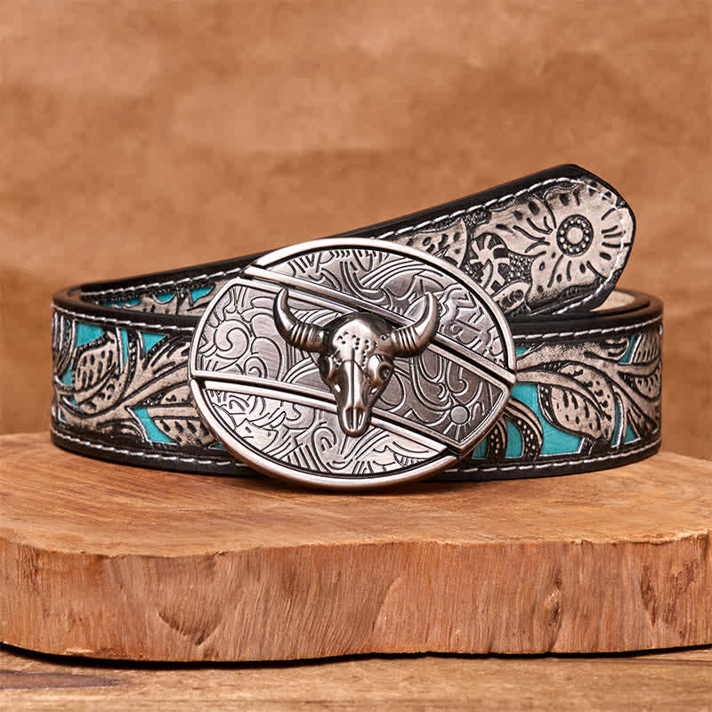 Cintura in pelle con coltello pieghevole nascosto Longhorn Bull fai da te da uomo - Toro dalle corna lunghe - Cintura floreale grigia - 42 - image 14