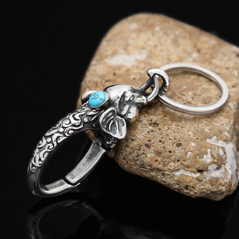 Portachiavi a forma di testa di elefante con pietra turchese finta - Argento antico - image 0