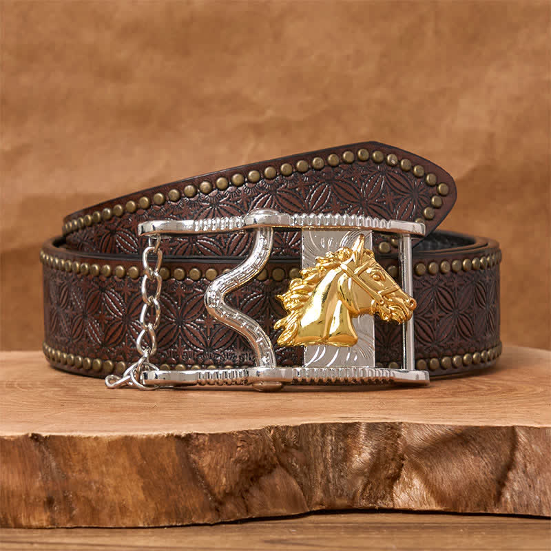 Cintura in pelle con fibbia a testa di cavallo in oro e argento traforato - Cavallo d'oro - Cintura con rivetti marroni - 42 - image 4