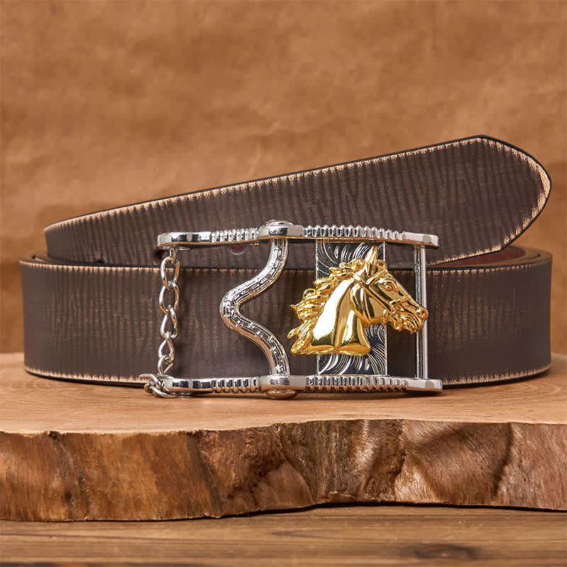 Cintura in pelle con fibbia a testa di cavallo in oro e argento traforato - Cavallo d'oro - Cintura marrone anticata - 42 - image 5