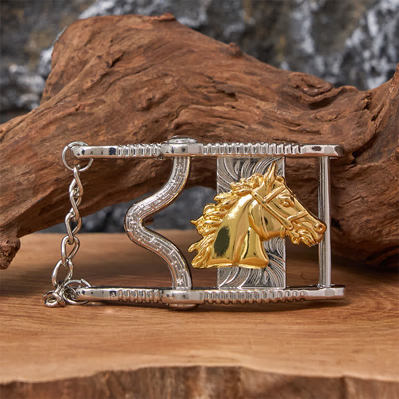 Cintura in pelle con fibbia a testa di cavallo in oro e argento traforato - Cavallo d'oro - Senza cintura - Cintura non inclusa - image 0