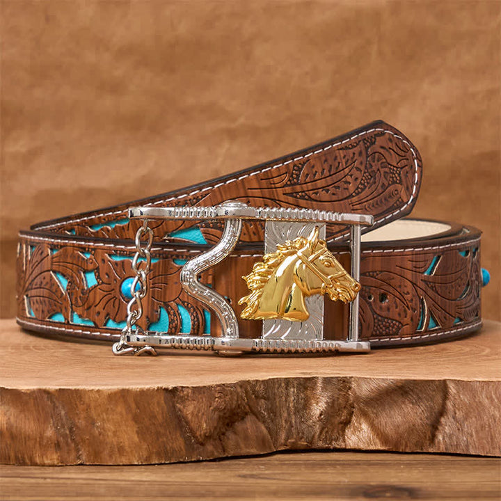 Cintura in pelle con fibbia a testa di cavallo in oro e argento traforato - Cavallo d'oro - Cintura intagliata turchese - 42 - image 3