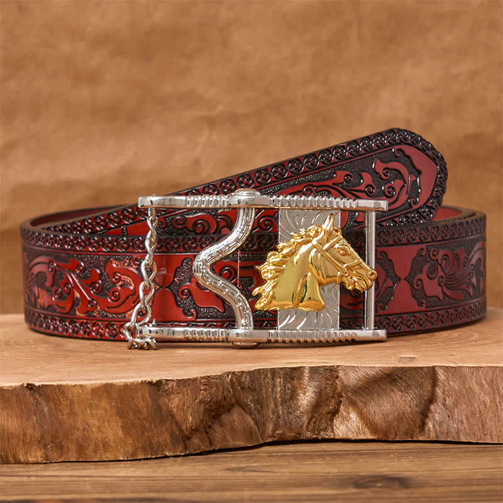 Cintura in pelle con fibbia a testa di cavallo in oro e argento traforato - Cavallo d'oro - Cintura marrone intagliata - 42 - image 6
