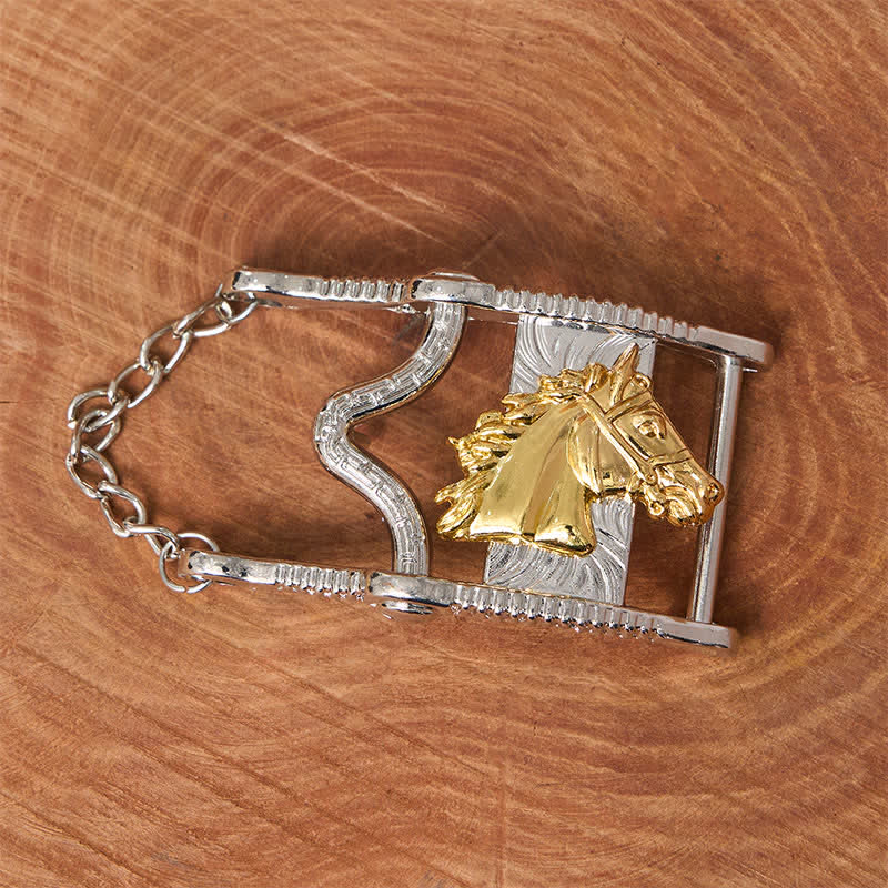 Cintura in pelle con fibbia a testa di cavallo in oro e argento traforato - image 1