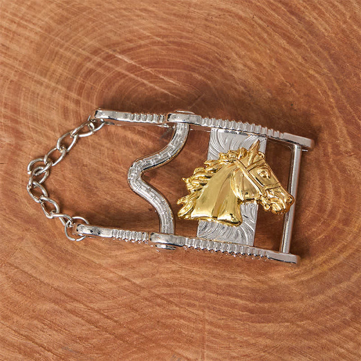 Cintura in pelle con fibbia a testa di cavallo in oro e argento traforato - image 1