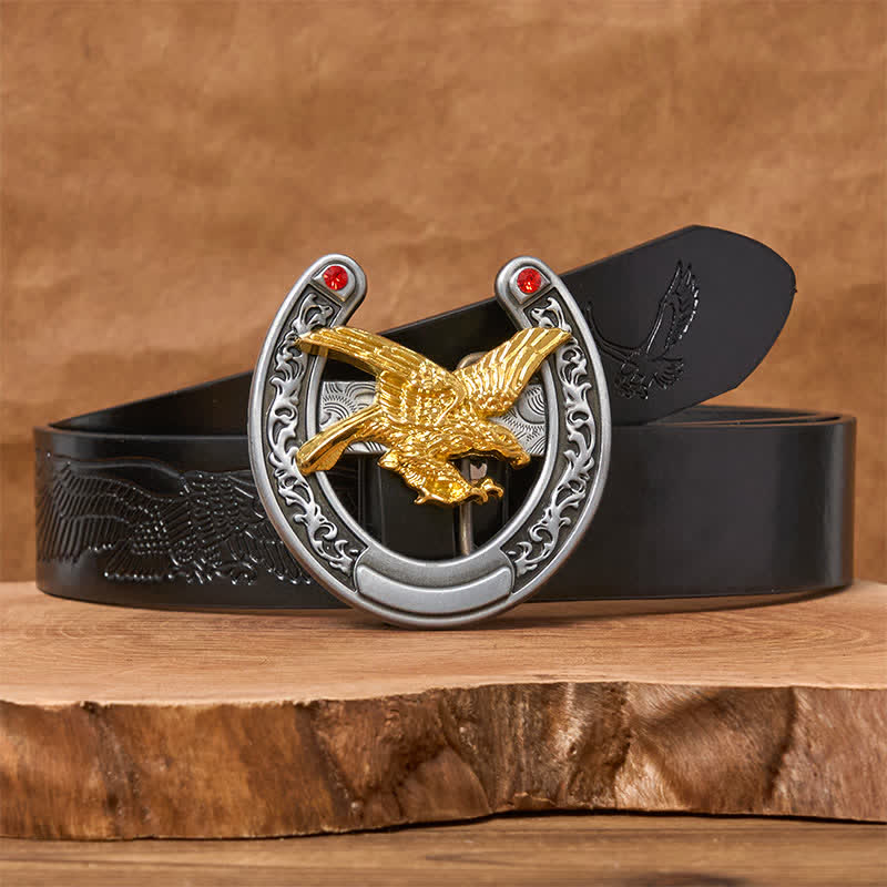 Cintura in pelle con fibbia a ferro di cavallo Western Gold Eagle - Aquila d'oro - Cintura con aquila in rilievo nera - 42 - image 2