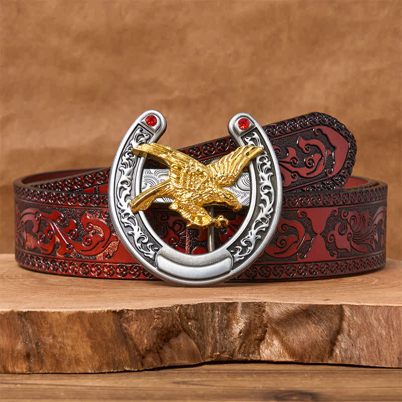 Cintura in pelle con fibbia a ferro di cavallo Western Gold Eagle - Aquila d'oro - Cintura marrone intagliata - 42 - image 6