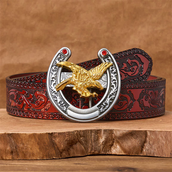 Cintura in pelle con fibbia a ferro di cavallo Western Gold Eagle - Aquila d'oro - Cintura marrone intagliata - 42 - image 6