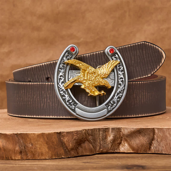 Cintura in pelle con fibbia a ferro di cavallo Western Gold Eagle - Aquila d'oro - Cintura marrone anticata - 42 - image 5