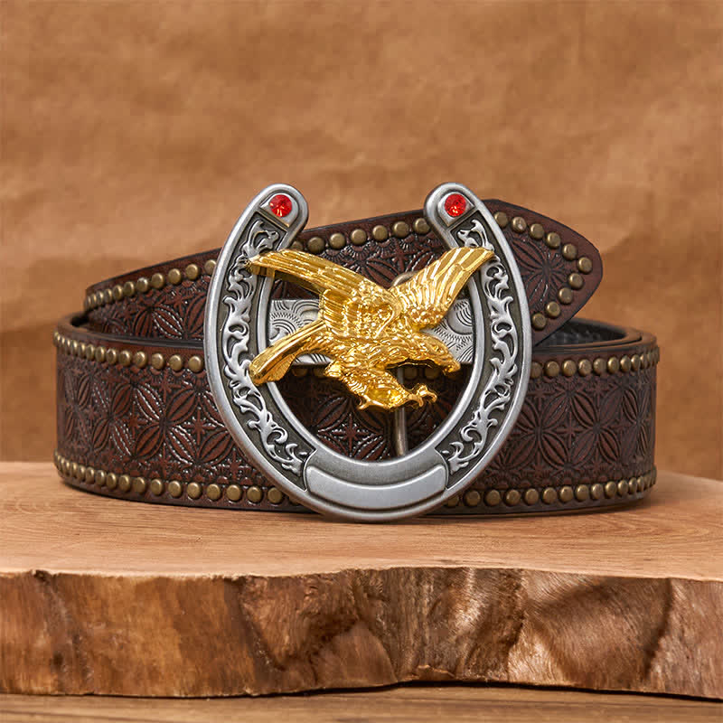 Cintura in pelle con fibbia a ferro di cavallo Western Gold Eagle - Aquila d'oro - Cintura con rivetti marroni - 42 - image 4