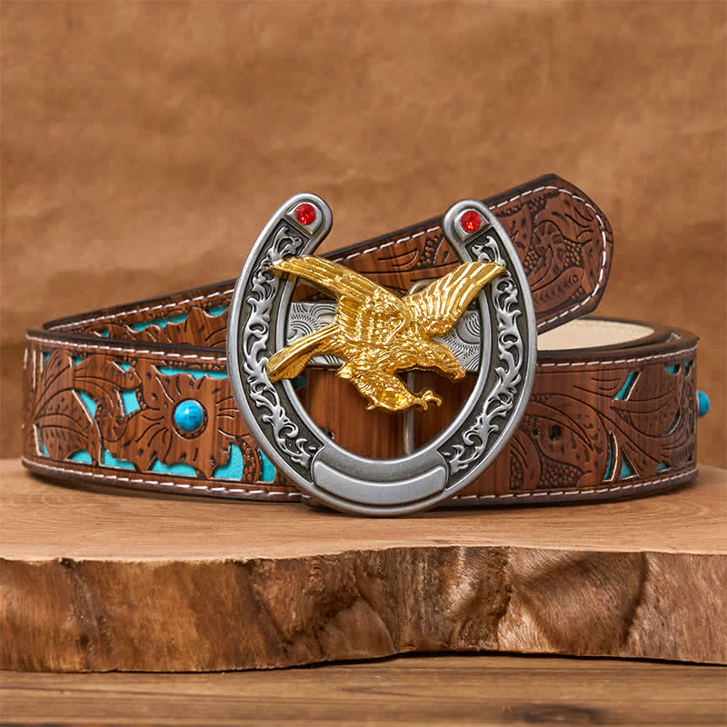 Cintura in pelle con fibbia a ferro di cavallo Western Gold Eagle - Aquila d'oro - Cintura intagliata turchese - 42 - image 3