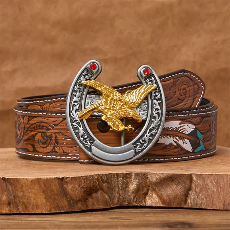 Cintura in pelle con fibbia a ferro di cavallo Western Gold Eagle - Aquila d'oro - Cintura di piume marroni - 40 - image 7