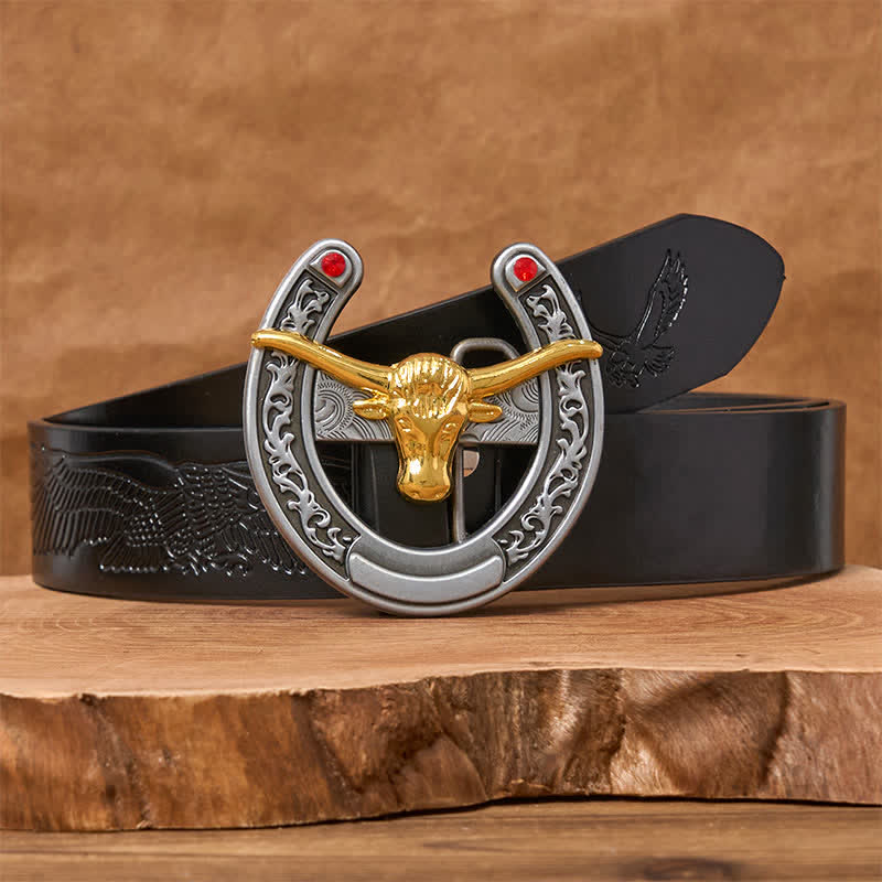 Cintura in pelle con fibbia a forma di ferro di cavallo western con testa di toro dorata - Toro d'oro - Cintura con aquila in rilievo nera - 42 - image 2
