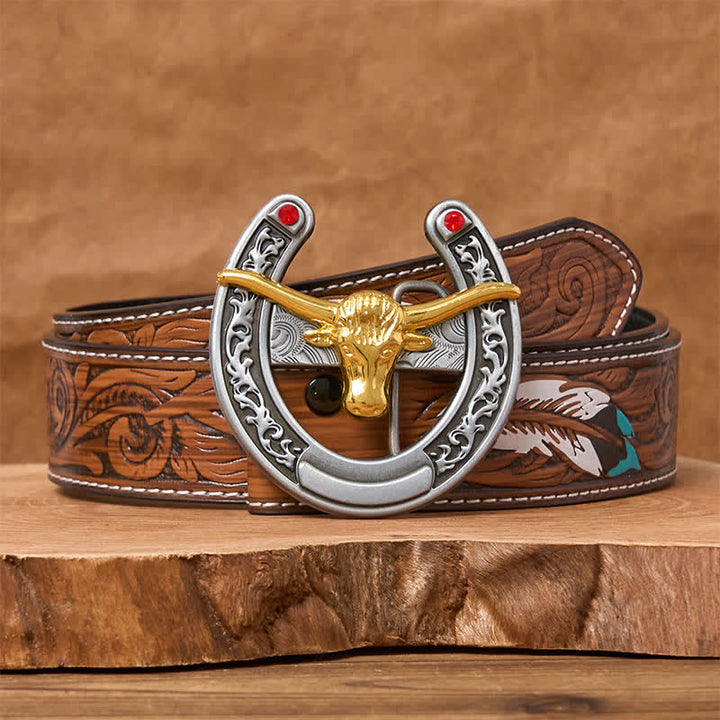 Cintura in pelle con fibbia a forma di ferro di cavallo western con testa di toro dorata - Toro d'oro - Cintura di piume marroni - 40 - image 7