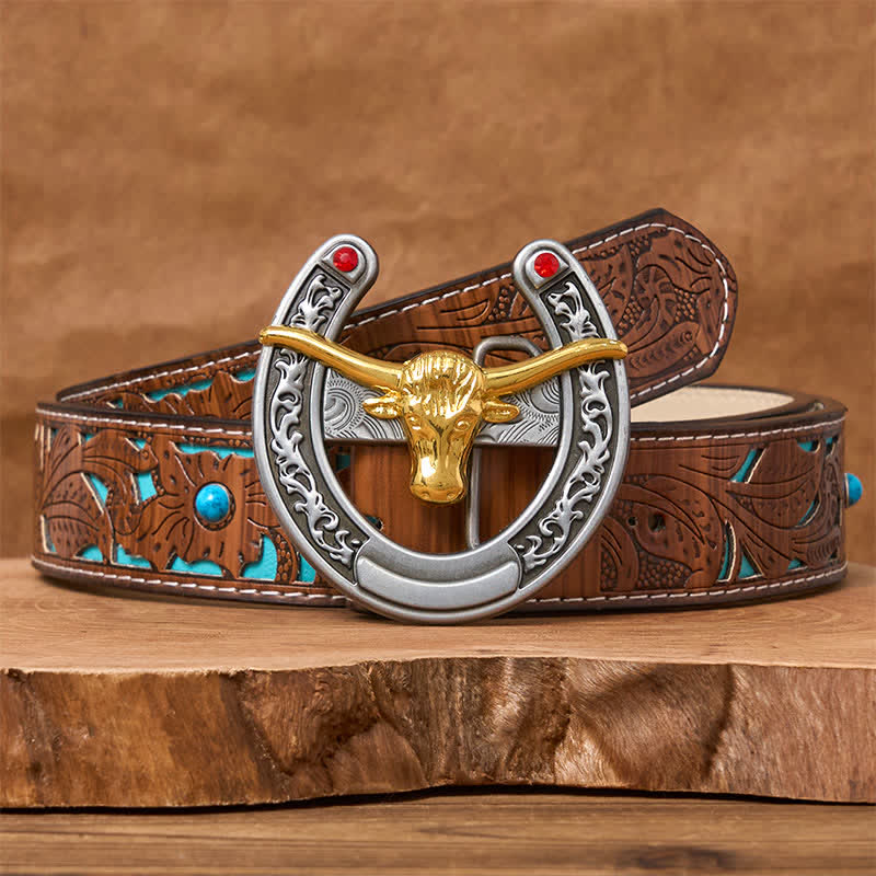 Cintura in pelle con fibbia a forma di ferro di cavallo western con testa di toro dorata - Toro d'oro - Cintura intagliata turchese - 42 - image 3