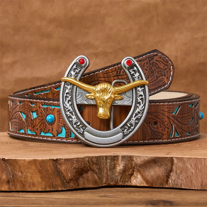 Cintura in pelle con fibbia a forma di ferro di cavallo western con testa di toro dorata - Toro d'oro - Cintura intagliata turchese - 42 - image 3