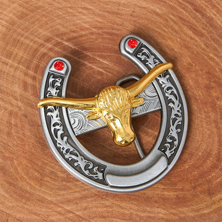 Cintura in pelle con fibbia a forma di ferro di cavallo western con testa di toro dorata - image 1