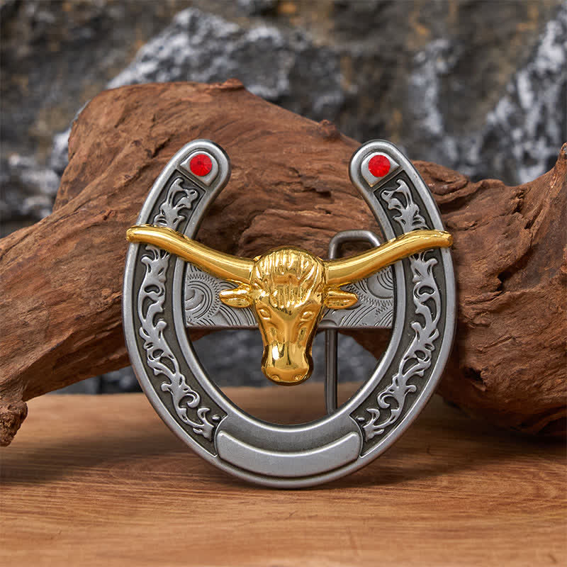 Cintura in pelle con fibbia a forma di ferro di cavallo western con testa di toro dorata - Toro d'oro - Senza cintura - Cintura non inclusa - image 0