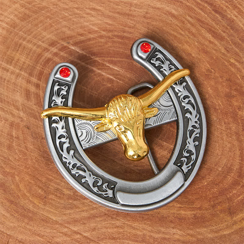 Cintura in pelle con fibbia a forma di ferro di cavallo western con testa di toro dorata - image 1