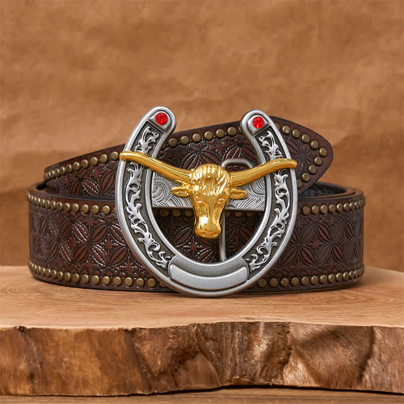 Cintura in pelle con fibbia a forma di ferro di cavallo western con testa di toro dorata - Toro d'oro - Cintura con rivetti marroni - 42 - image 4