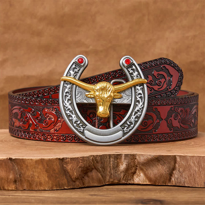 Cintura in pelle con fibbia a forma di ferro di cavallo western con testa di toro dorata - Toro d'oro - Cintura marrone intagliata - 42 - image 6