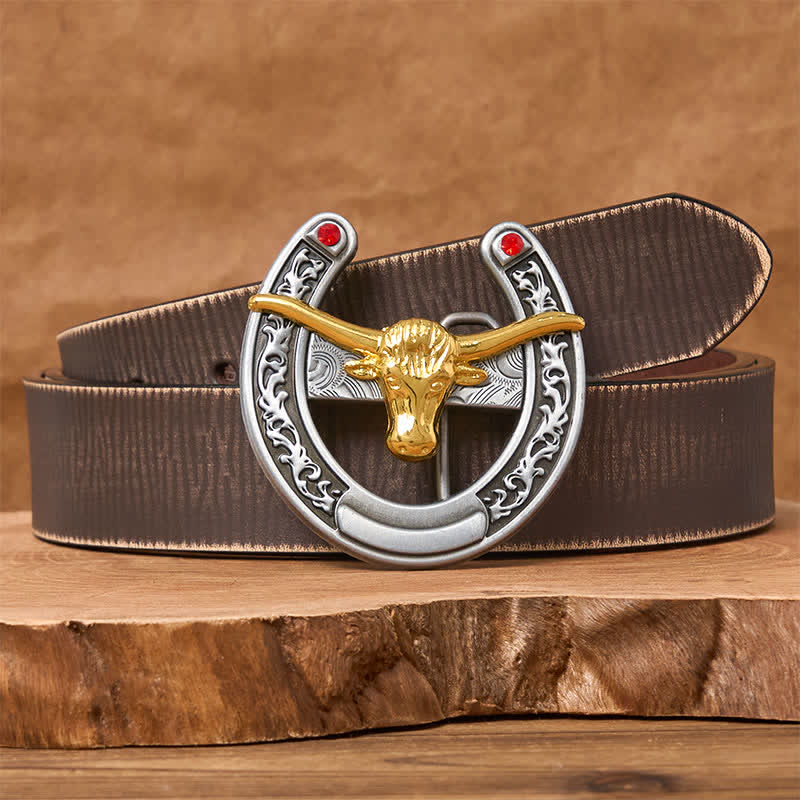 Cintura in pelle con fibbia a forma di ferro di cavallo western con testa di toro dorata - Toro d'oro - Cintura marrone anticata - 42 - image 5