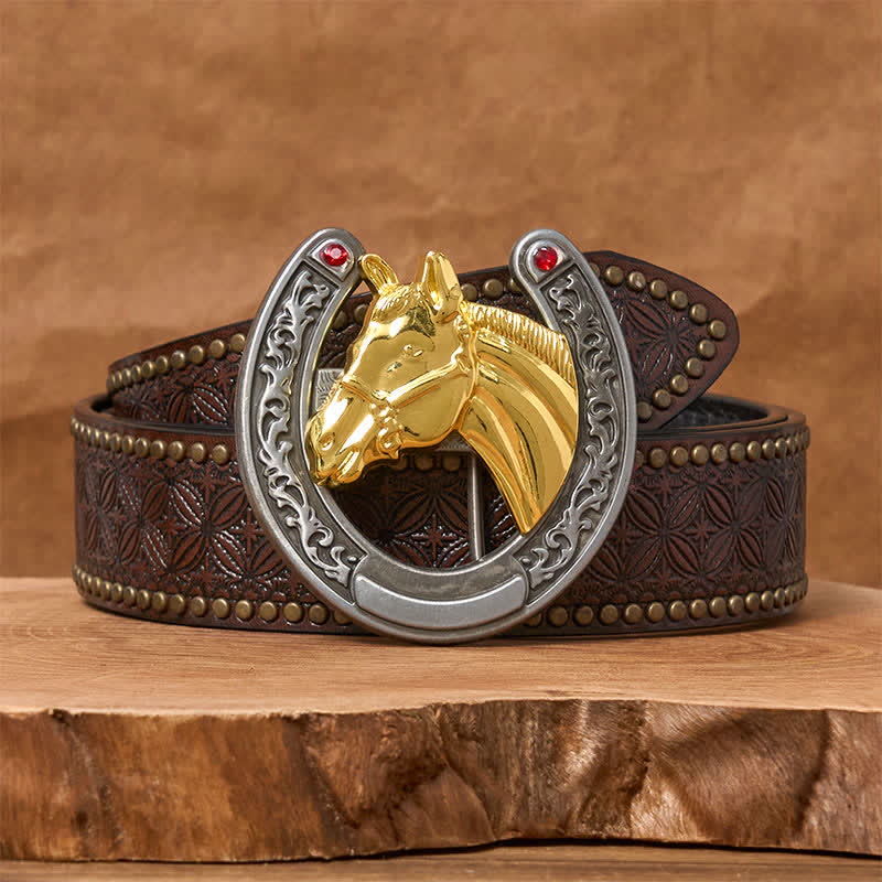 Cintura in pelle con fibbia a forma di testa di cavallo e ferro di cavallo - Cavallo d'oro - Cintura con rivetti marroni - 42 - image 4