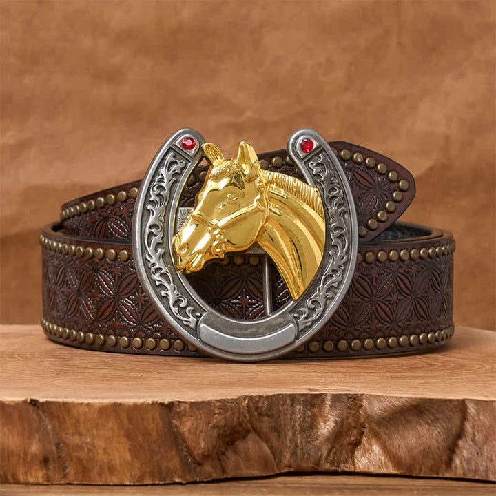 Cintura in pelle con fibbia a forma di testa di cavallo e ferro di cavallo - Cavallo d'oro - Cintura con rivetti marroni - 42 - image 4