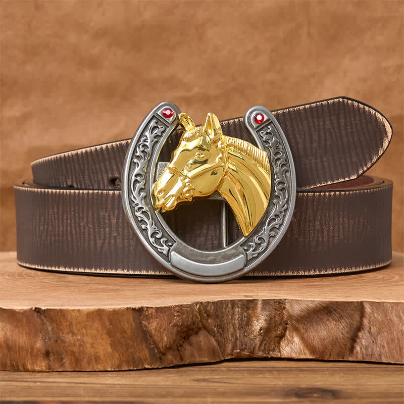 Cintura in pelle con fibbia a forma di testa di cavallo e ferro di cavallo - Cavallo d'oro - Cintura marrone anticata - 42 - image 5