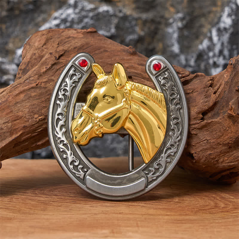 Cintura in pelle con fibbia a forma di testa di cavallo e ferro di cavallo - Cavallo d'oro - Senza cintura - Cintura non inclusa - image 0