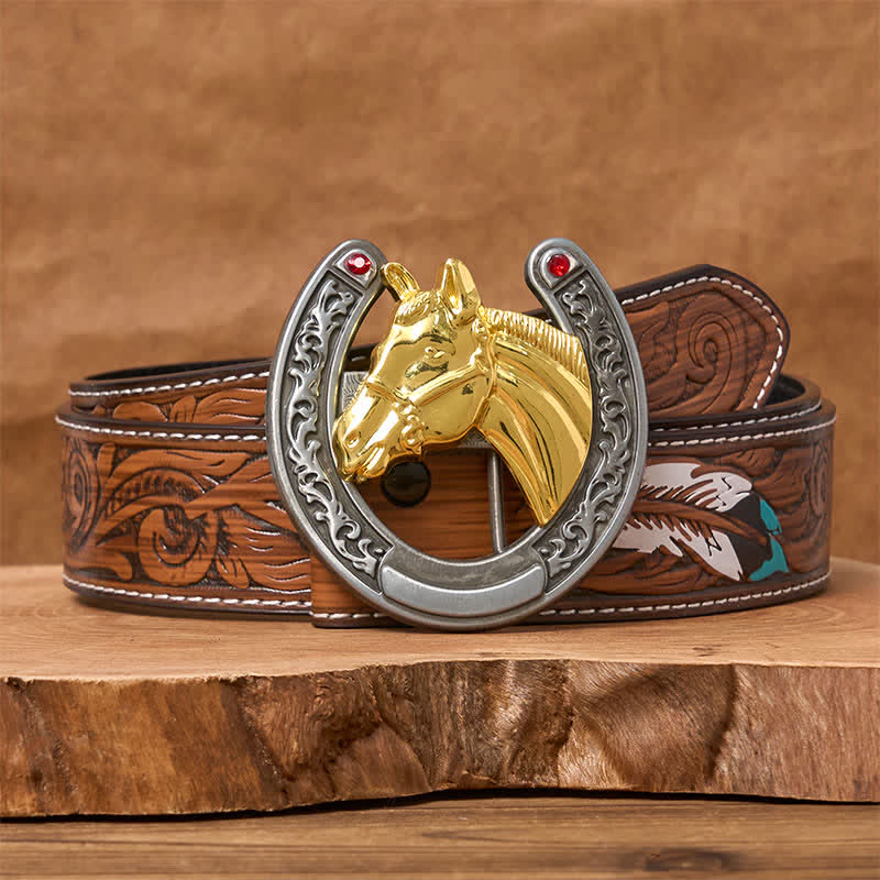 Cintura in pelle con fibbia a forma di testa di cavallo e ferro di cavallo - Cavallo d'oro - Cintura di piume marroni - 40 - image 7