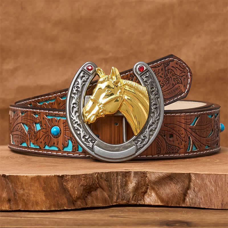 Cintura in pelle con fibbia a forma di testa di cavallo e ferro di cavallo - Cavallo d'oro - Cintura intagliata turchese - 42 - image 3