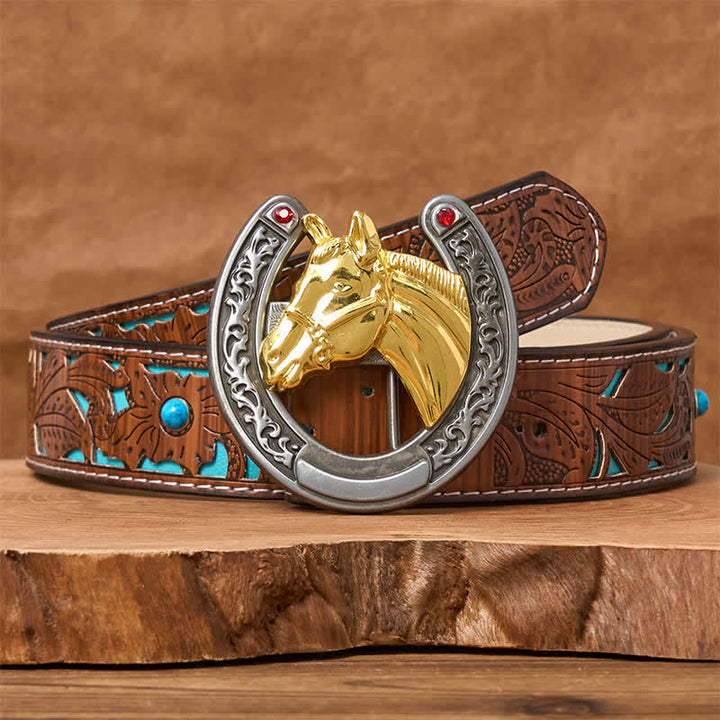 Cintura in pelle con fibbia a forma di testa di cavallo e ferro di cavallo - Cavallo d'oro - Cintura intagliata turchese - 42 - image 3