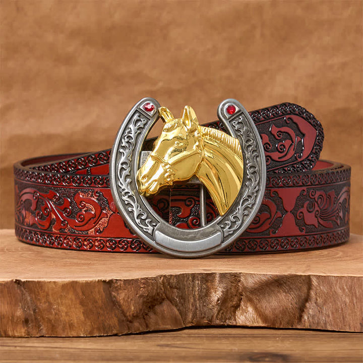 Cintura in pelle con fibbia a forma di testa di cavallo e ferro di cavallo - Cavallo d'oro - Cintura marrone intagliata - 42 - image 6