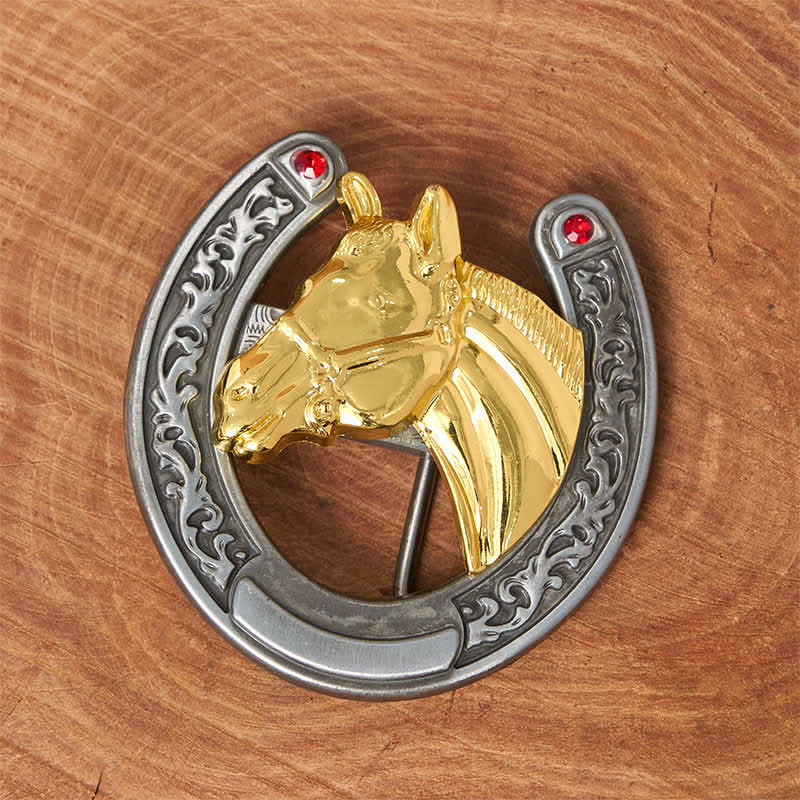 Cintura in pelle con fibbia a forma di testa di cavallo e ferro di cavallo - image 1