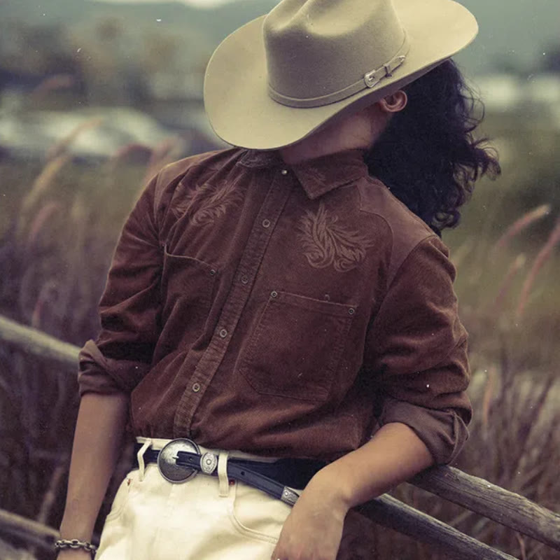 Camicia da cowboy con ricamo floreale in velluto a coste vintage western - image 0