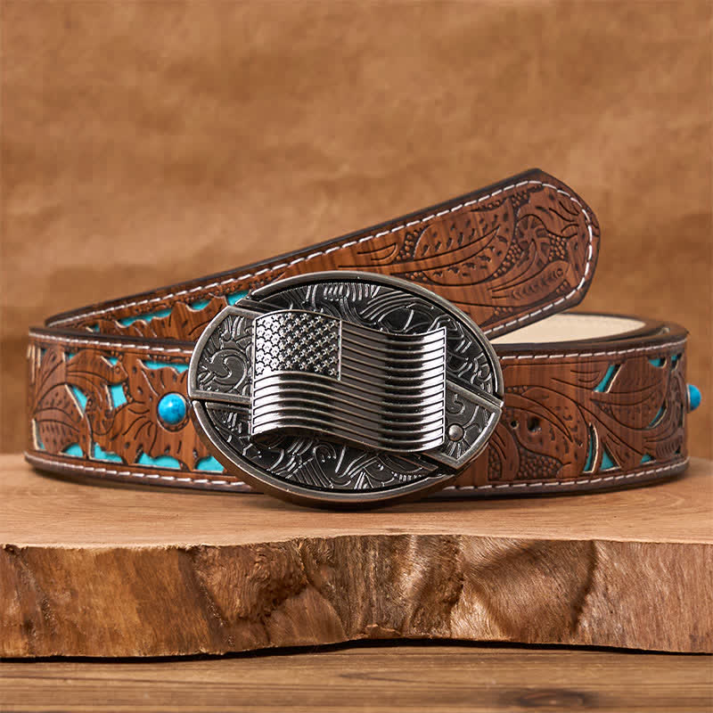 Cintura in pelle con fibbia per coltello nascosto fai da te con bandiera americana argentata - Cintura intagliata turchese - 42 - image 5
