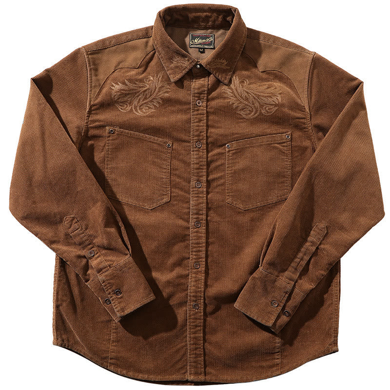 Camicia da cowboy con ricamo floreale in velluto a coste vintage western - Caffè - 3XL - image 1